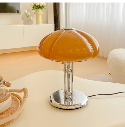 Mushroom Bauhaus Table Lamp Amber Glass Chrome LED Indoor Lighting