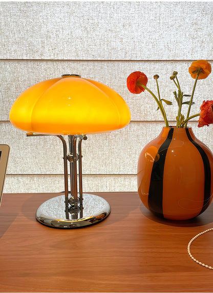 Mushroom Bauhaus Table Lamp Amber Glass Chrome LED Indoor Lighting