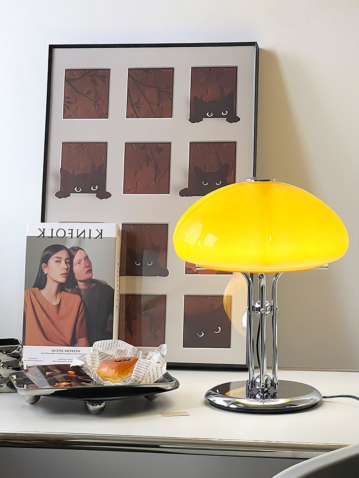 Mushroom Bauhaus Table Lamp Amber Glass Chrome LED Indoor Lighting