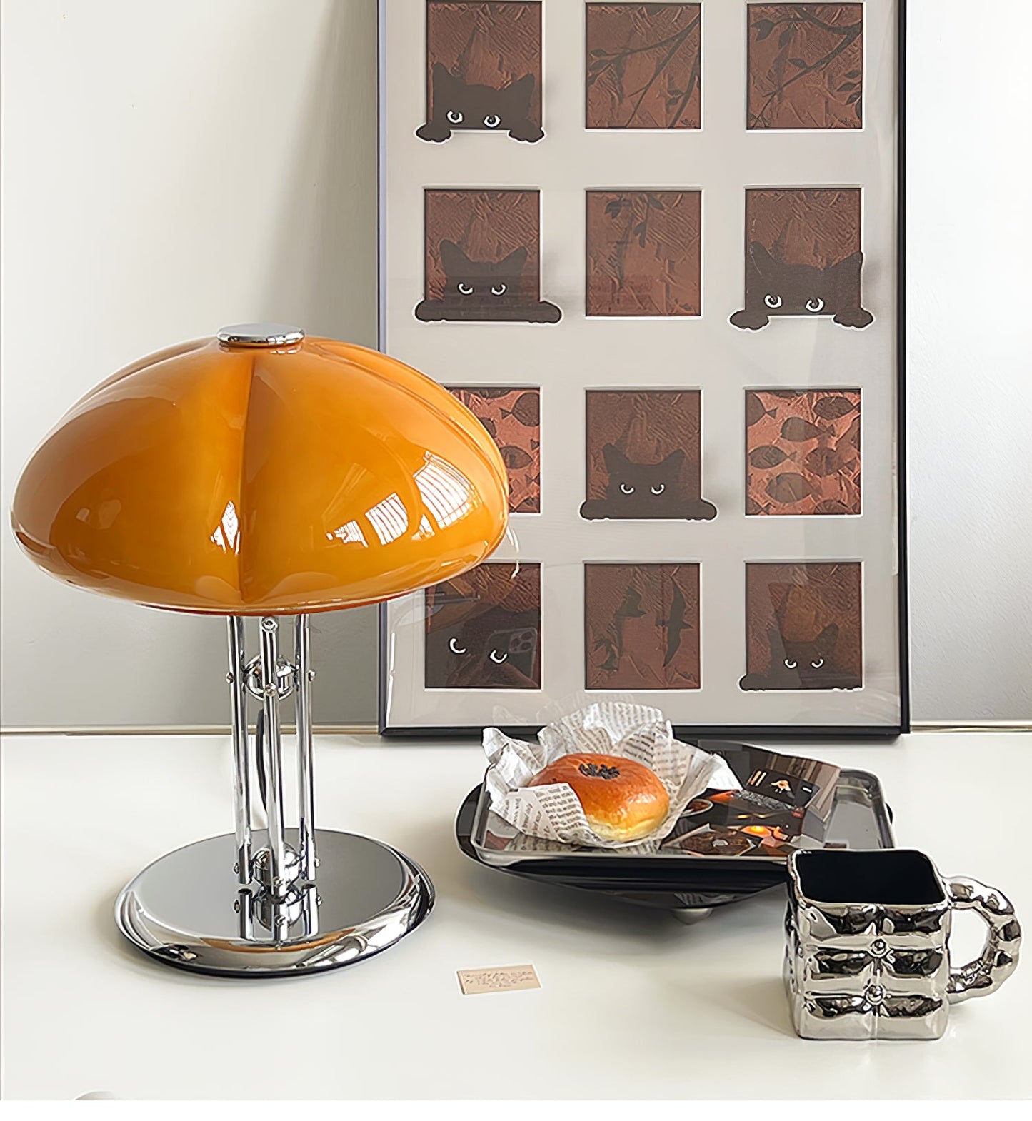 Mushroom Bauhaus Table Lamp Amber Glass Chrome LED Indoor Lighting