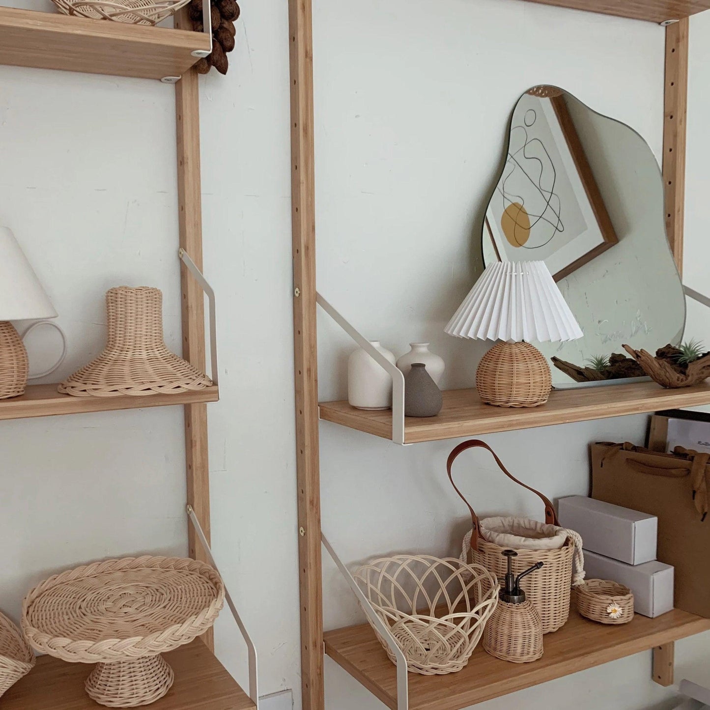 Rattan Pleated Table Lamp Natural LED White Shade Indoor Lighting