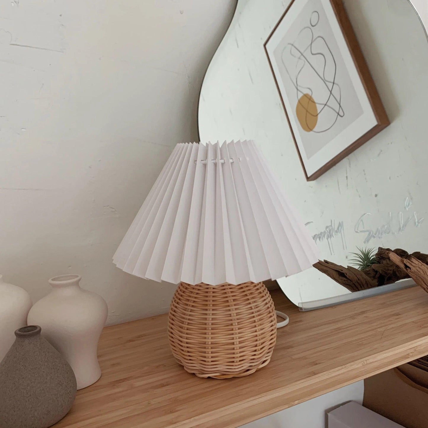 Rattan Pleated Table Lamp Natural LED White Shade Indoor Lighting
