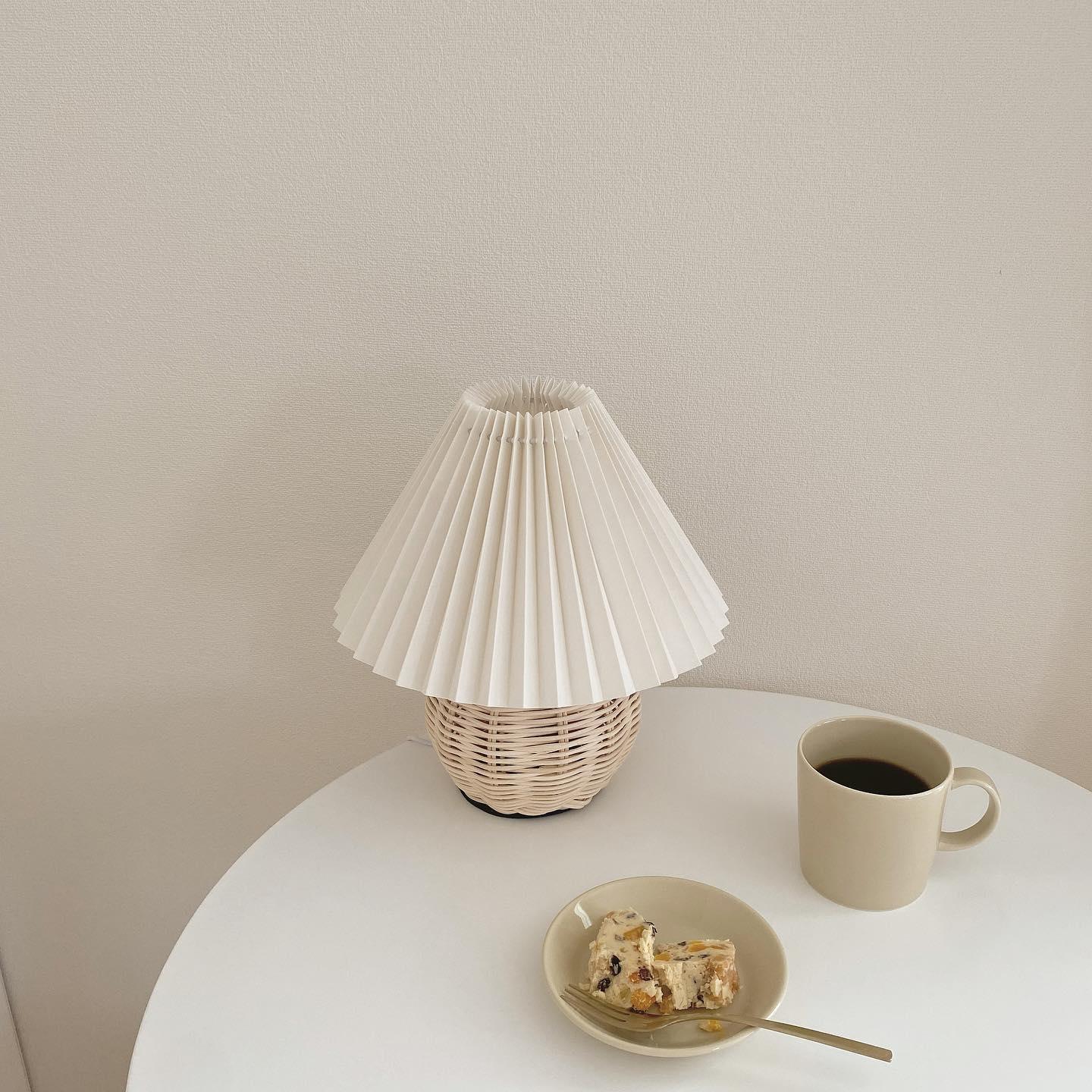 Rattan Pleated Table Lamp Natural LED White Shade Indoor Lighting