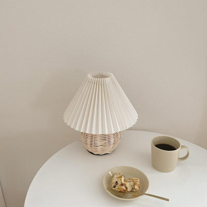 Rattan Pleated Table Lamp Natural LED White Shade Indoor Lighting