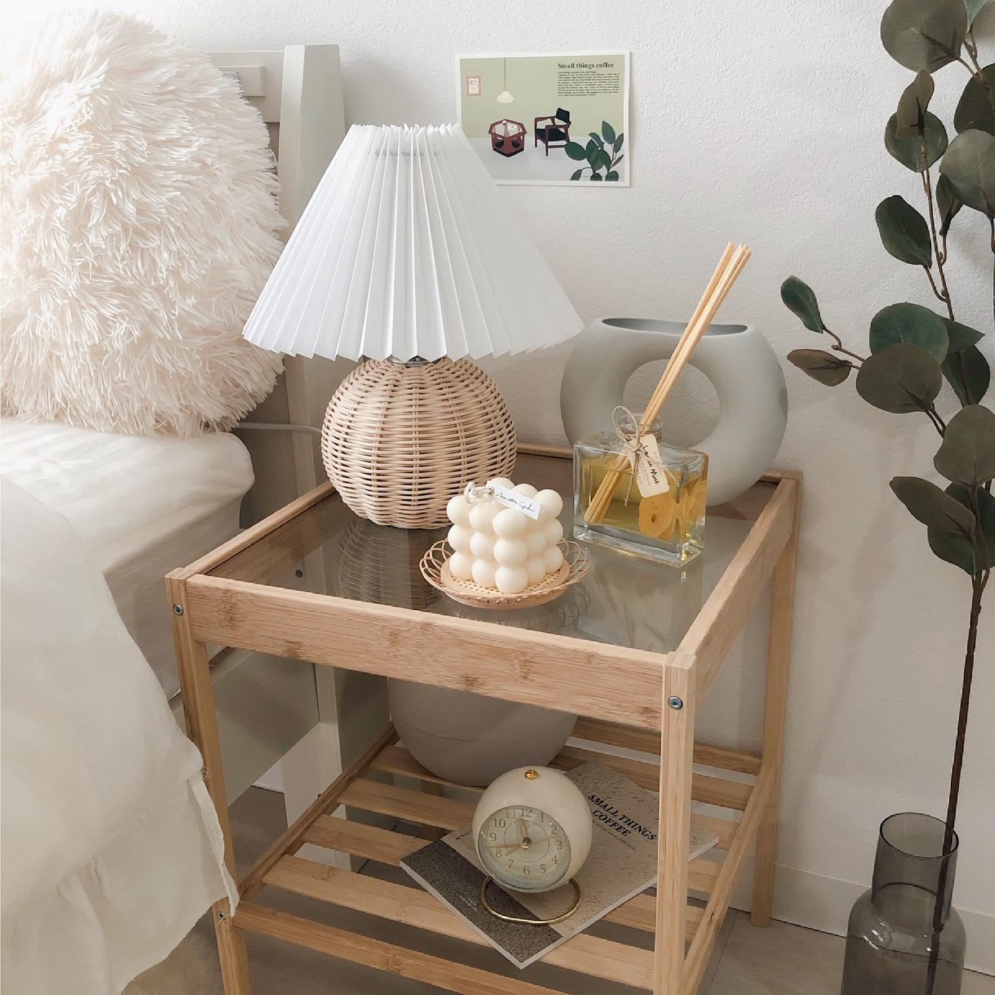 Rattan Pleated Table Lamp Natural LED White Shade Indoor Lighting