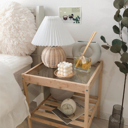 Rattan Pleated Table Lamp Natural LED White Shade Indoor Lighting