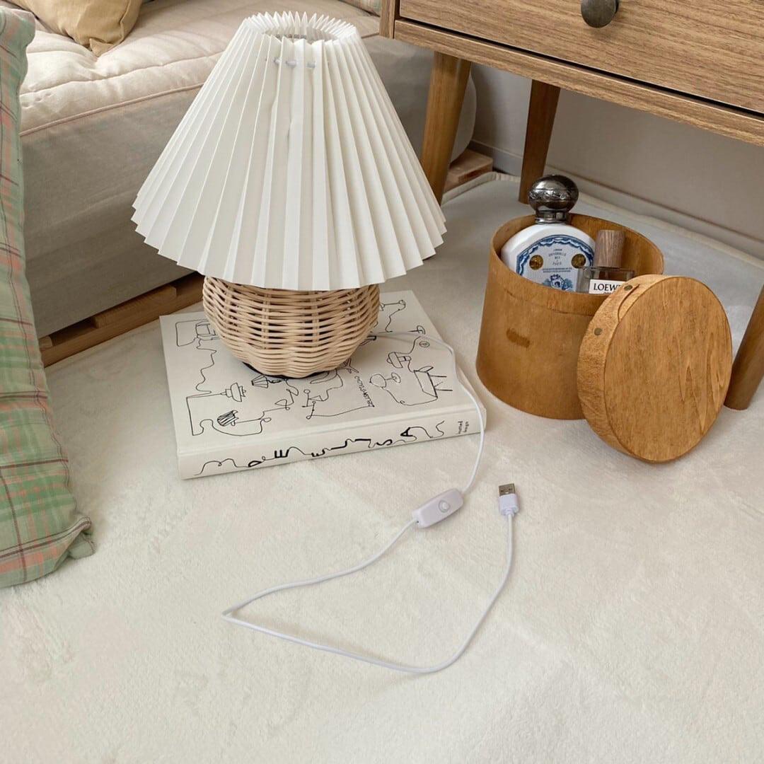 Rattan Pleated Table Lamp Natural LED White Shade Indoor Lighting