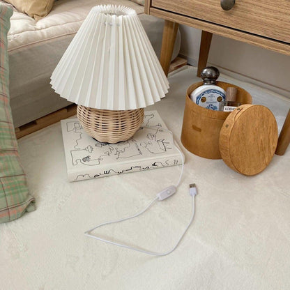 Rattan Pleated Table Lamp Natural LED White Shade Indoor Lighting