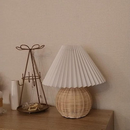 Rattan Pleated Table Lamp Natural LED White Shade Indoor Lighting