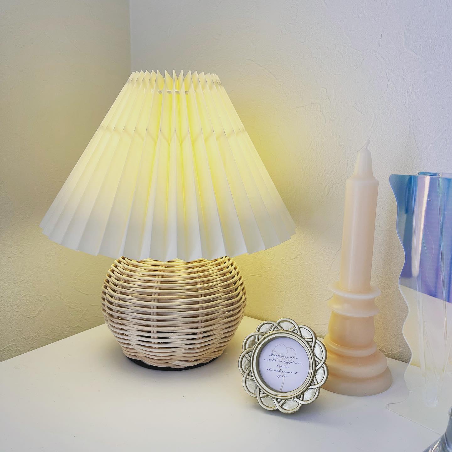 Rattan Pleated Table Lamp Natural LED White Shade Indoor Lighting