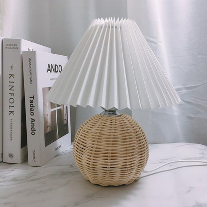Rattan Pleated Table Lamp Natural LED White Shade Indoor Lighting