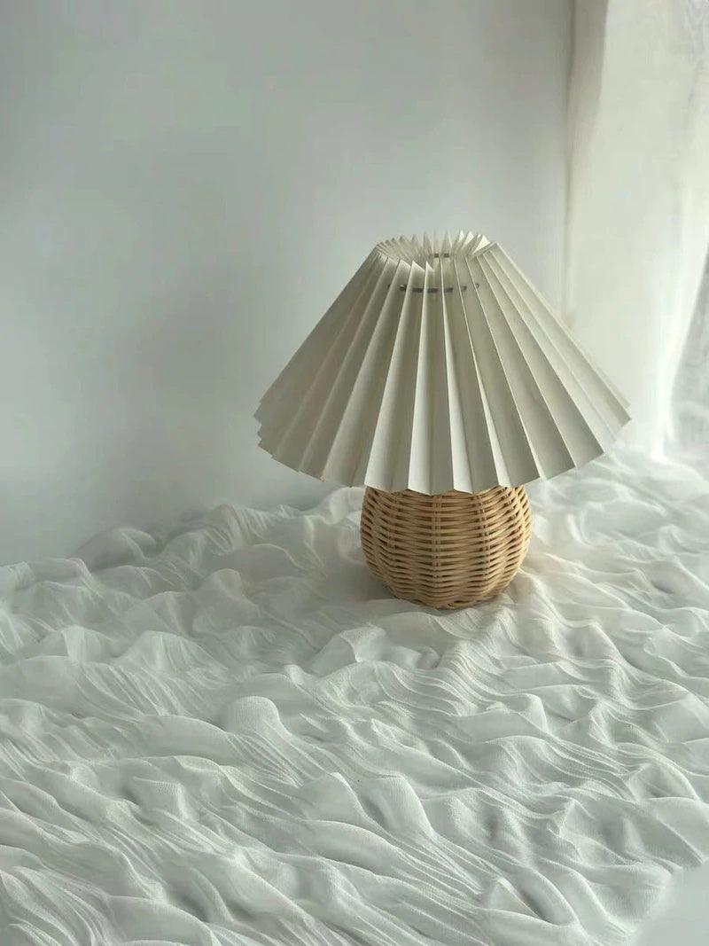 Rattan Pleated Table Lamp Natural LED White Shade Indoor Lighting