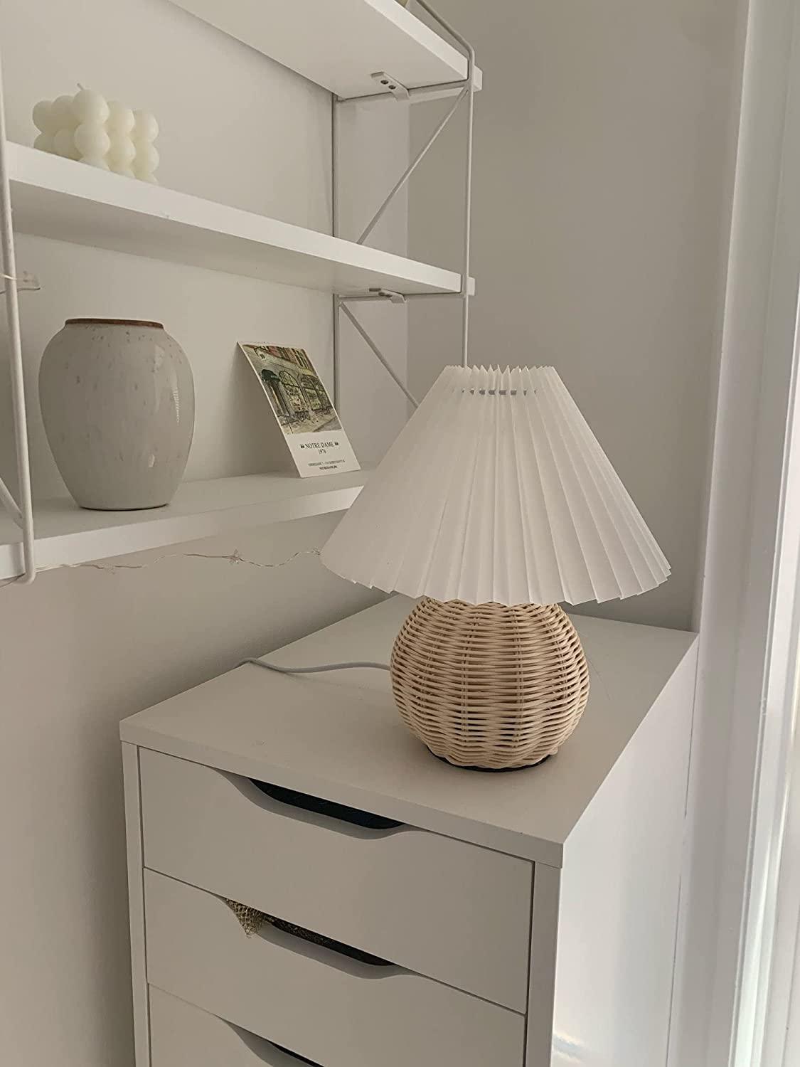 Rattan Pleated Table Lamp Natural LED White Shade Indoor Lighting