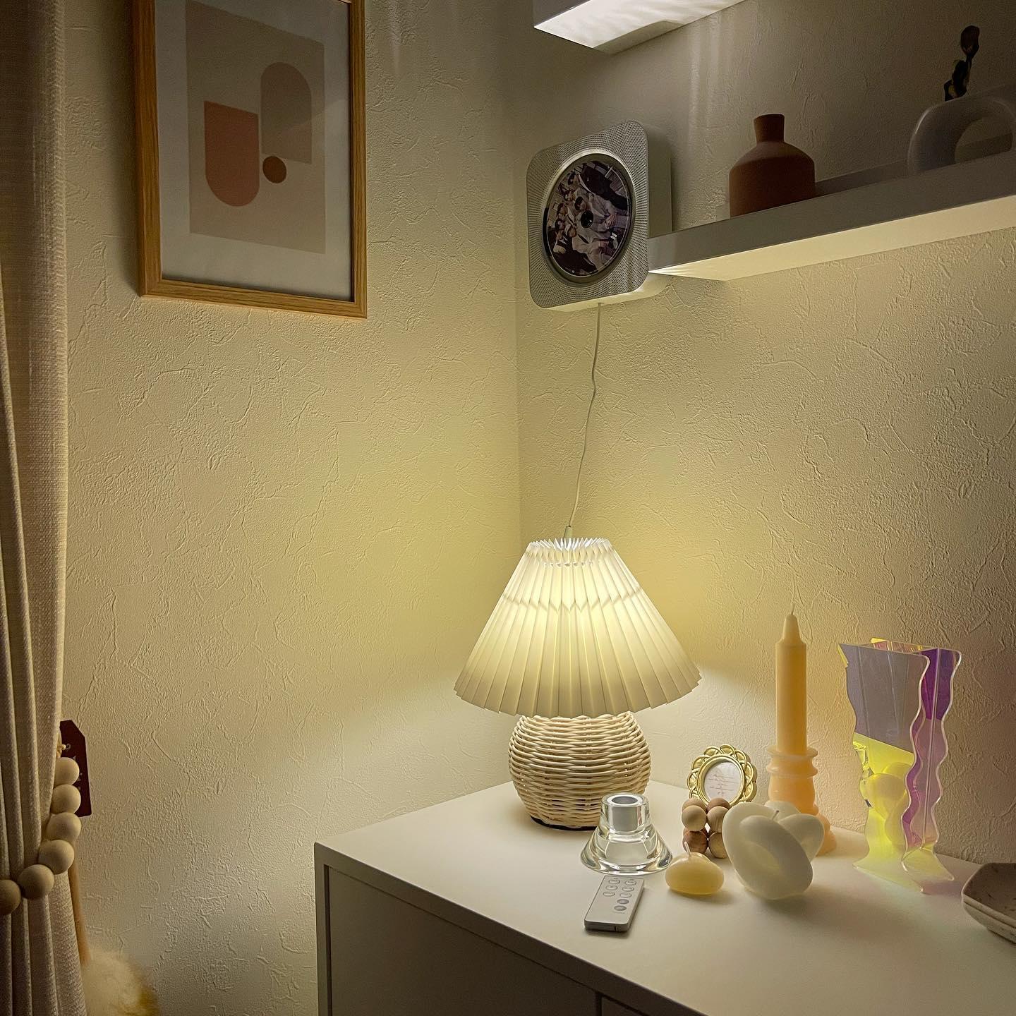 Rattan Pleated Table Lamp Natural LED White Shade Indoor Lighting