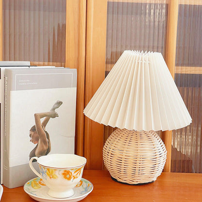 Rattan Pleated Table Lamp Natural LED White Shade Indoor Lighting