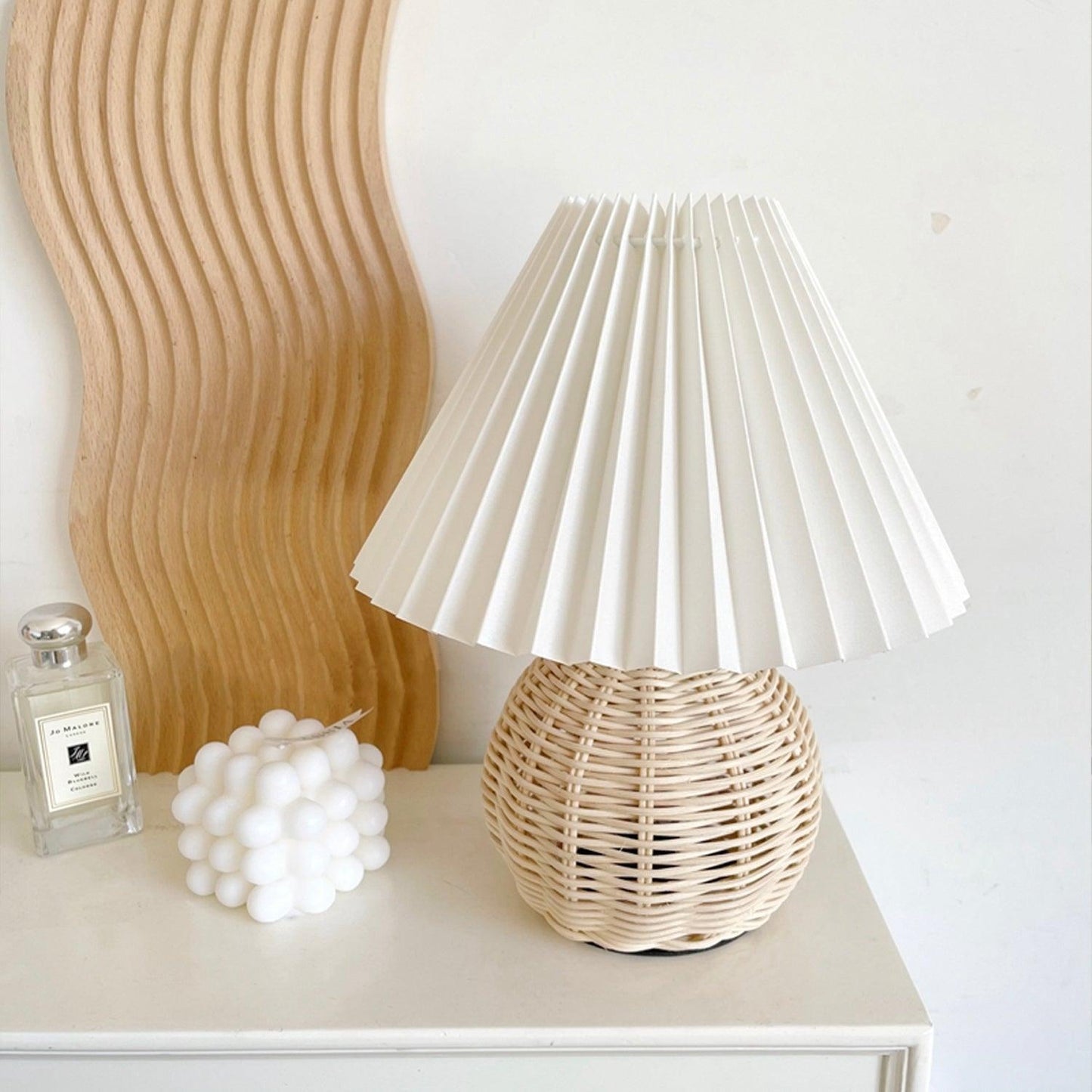 Rattan Pleated Table Lamp Natural LED White Shade Indoor Lighting