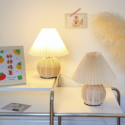 Rattan Pleated Table Lamp Natural LED White Shade Indoor Lighting