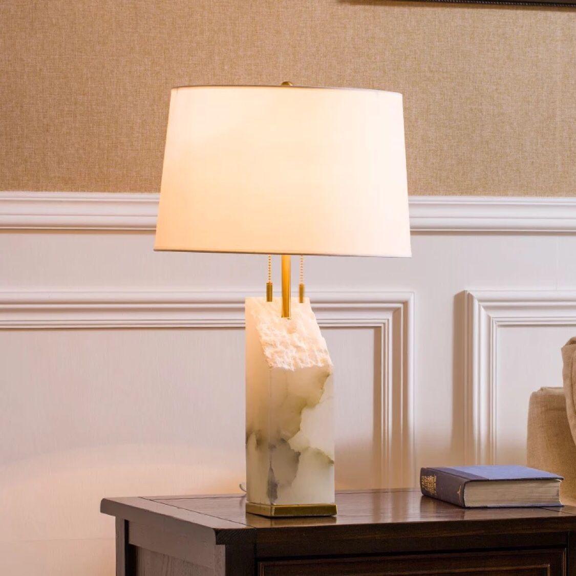 Raw Alabaster Table Lamp White Linen Gold LED Indoor Lighting