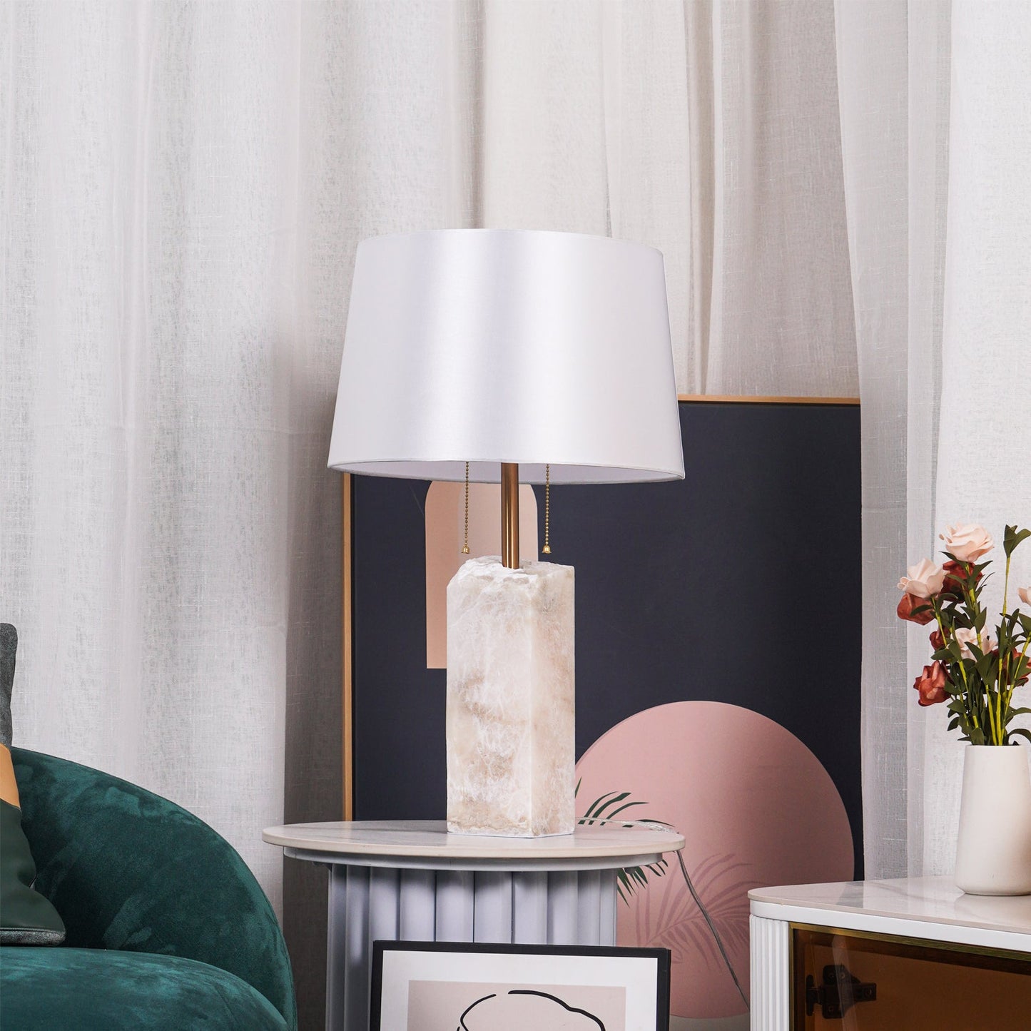 Raw Alabaster Table Lamp White Linen Gold LED Indoor Lighting