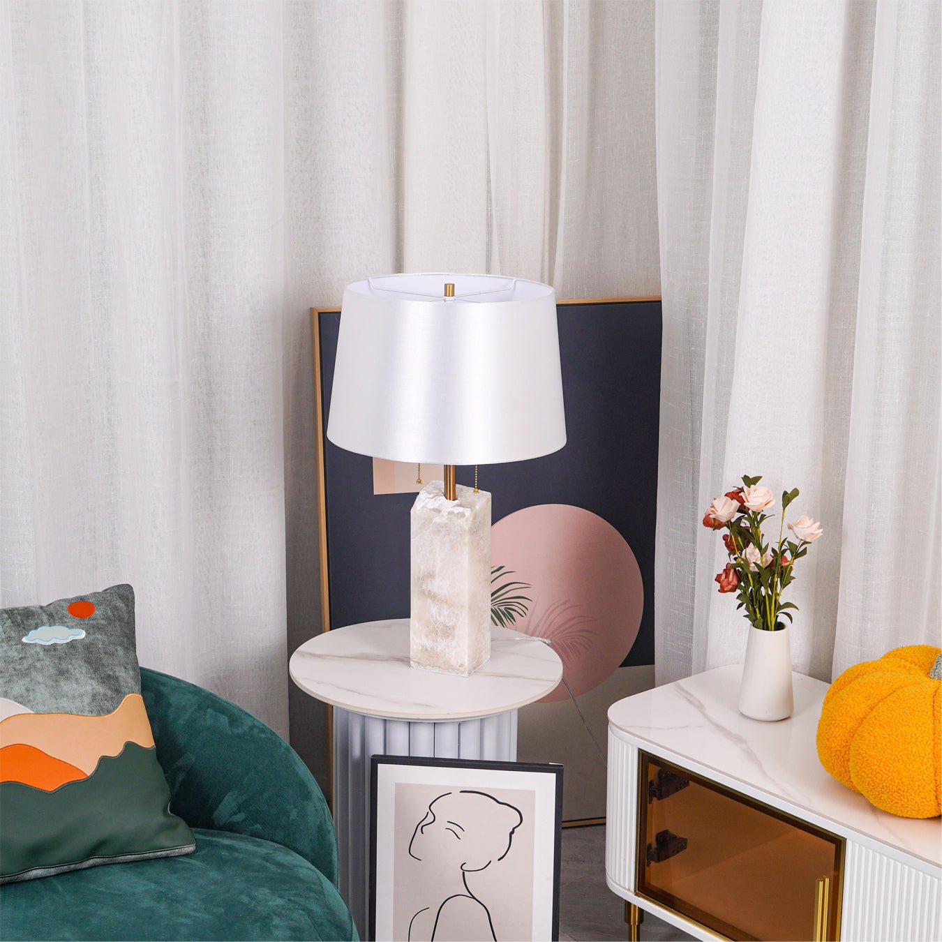 Raw Alabaster Table Lamp White Linen Gold LED Indoor Lighting