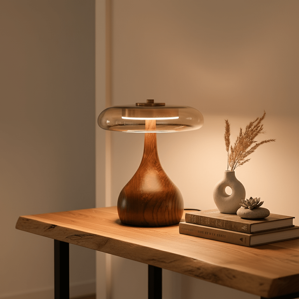 Walnut Sienna Table Lamp Amber Glass LED Accent Light