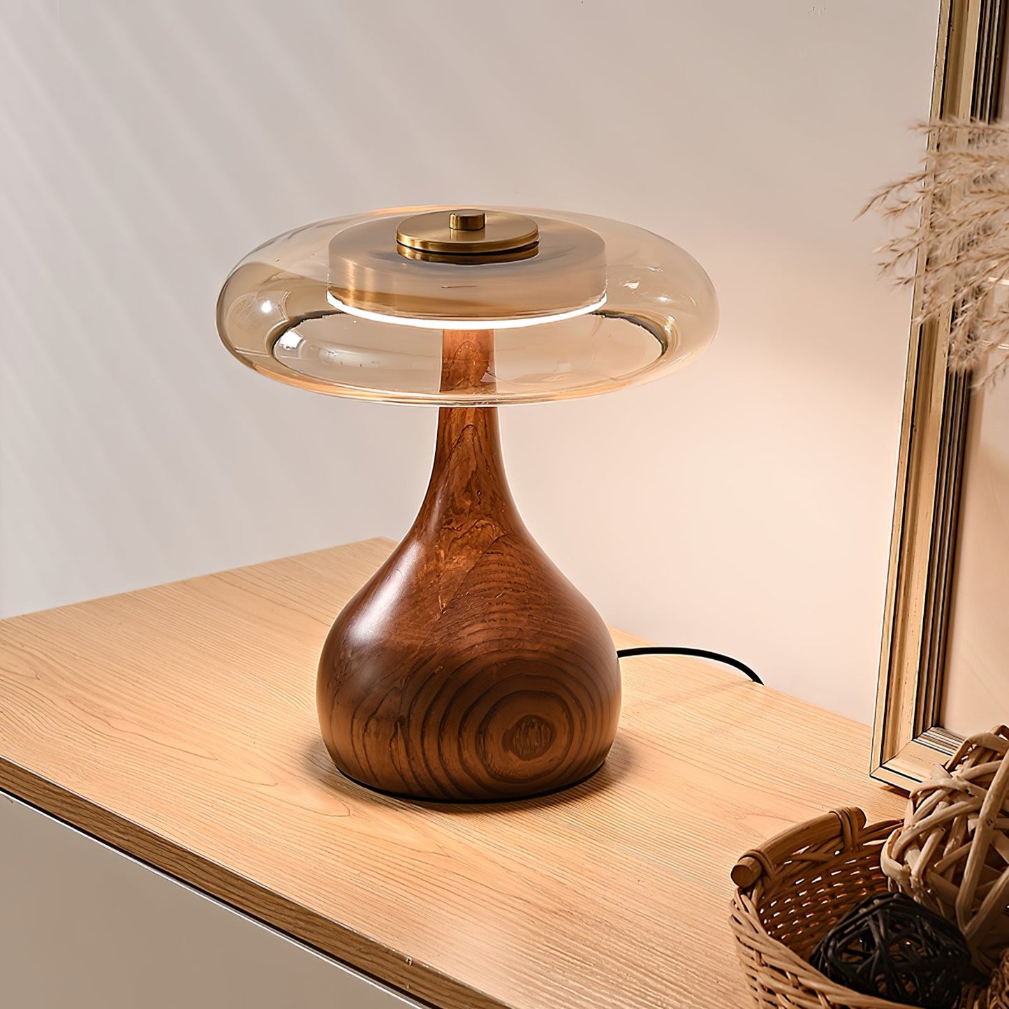 Walnut Sienna Table Lamp Amber Glass LED Accent Light