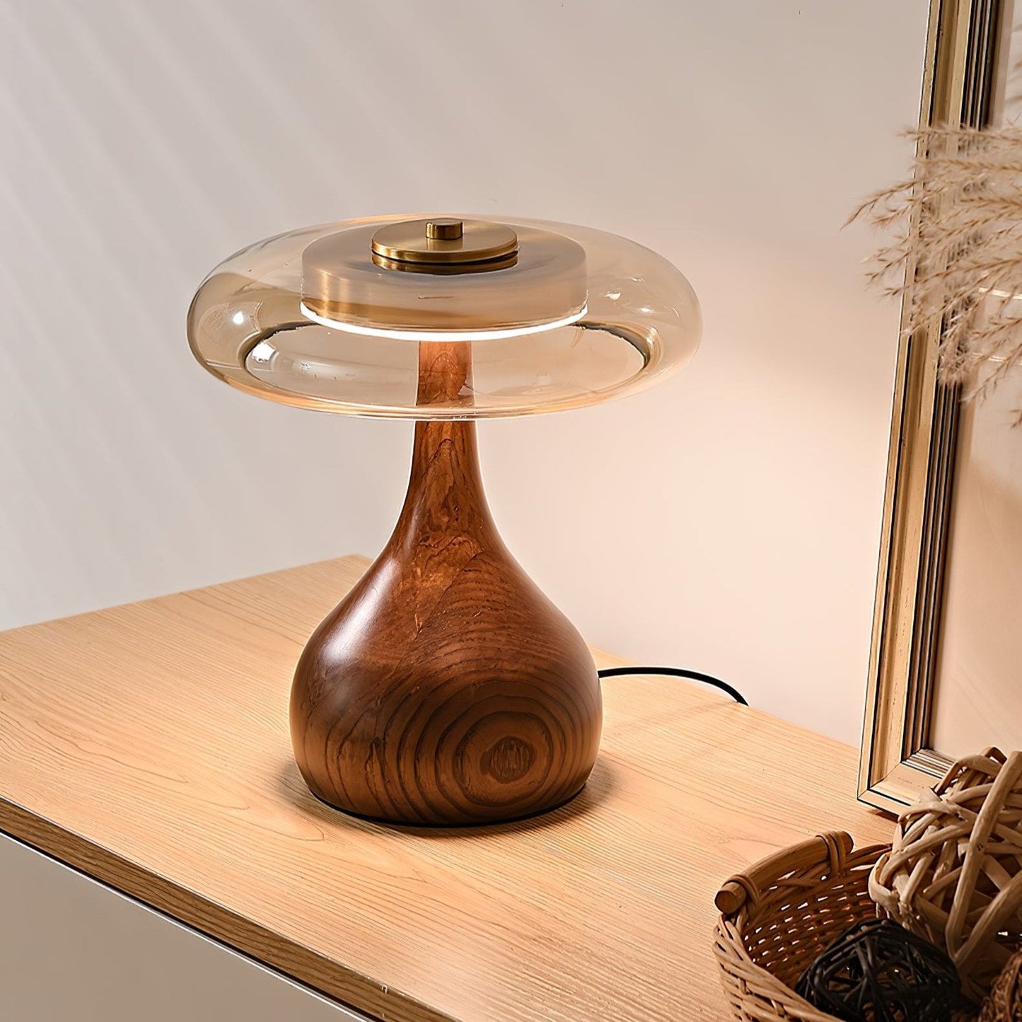 Walnut Sienna Table Lamp Amber Glass LED Accent Light