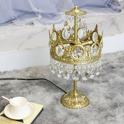 Vintage Crystal Crown Table Lamp Copper Clear LED Indoor Lighting