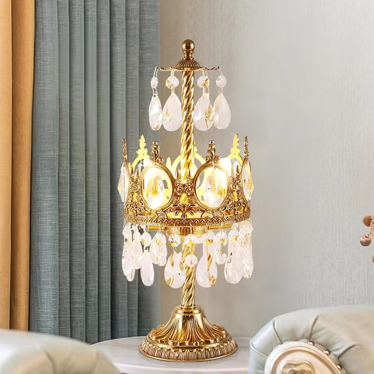 Vintage Crystal Crown Table Lamp Copper Clear LED Indoor Lighting