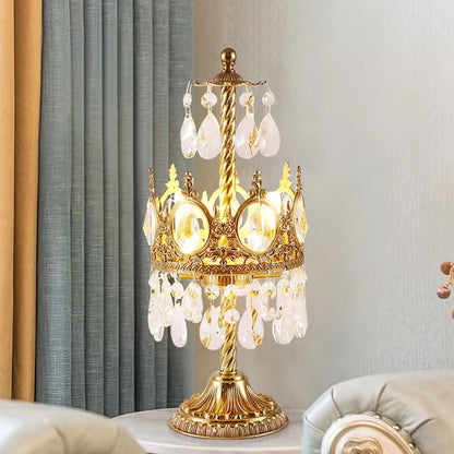 Vintage Crystal Crown Table Lamp Copper Clear LED Indoor Lighting