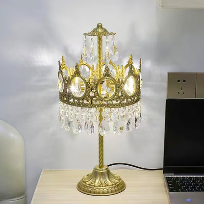 Vintage Crystal Crown Table Lamp Copper Clear LED Indoor Lighting
