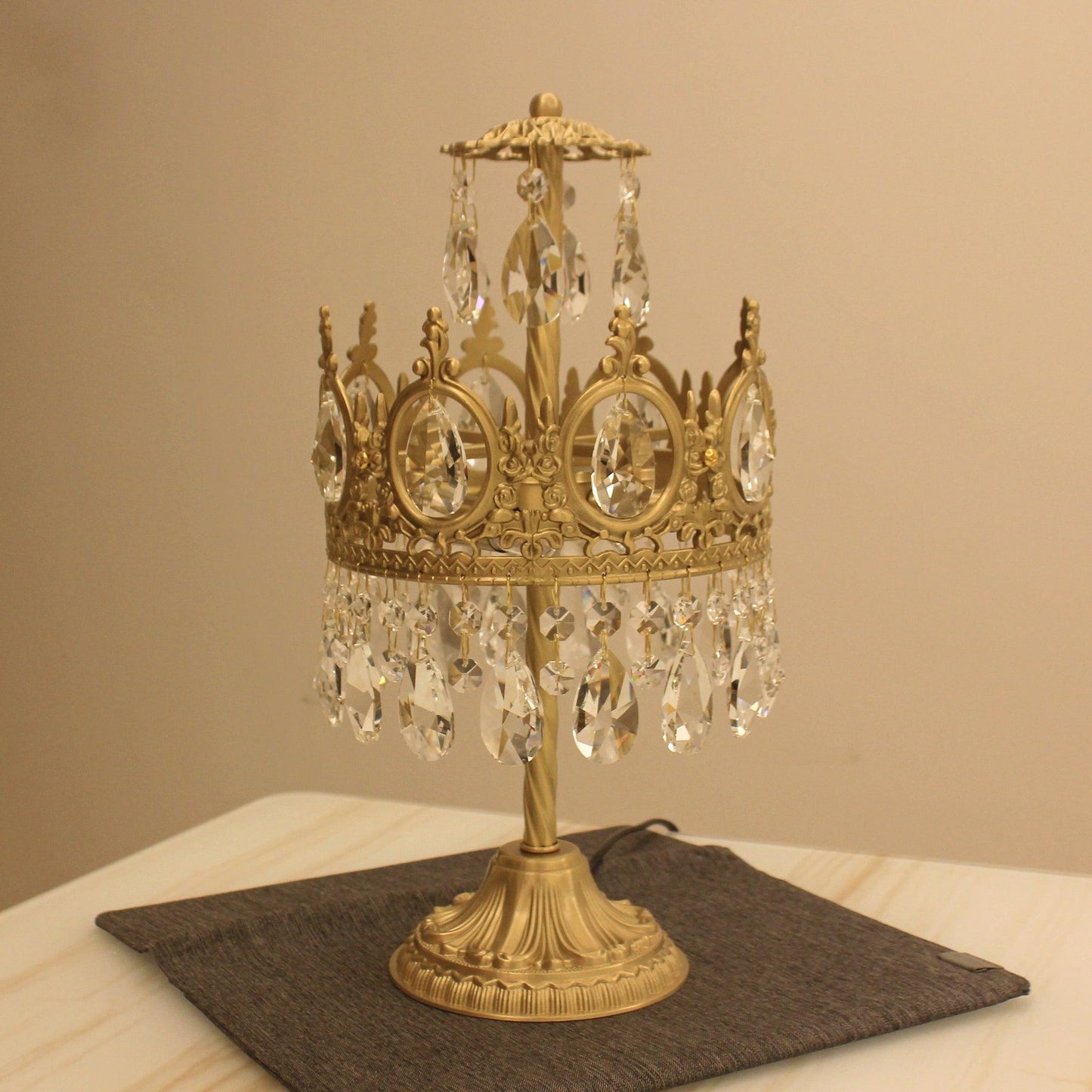 Vintage Crystal Crown Table Lamp Copper Clear LED Indoor Lighting