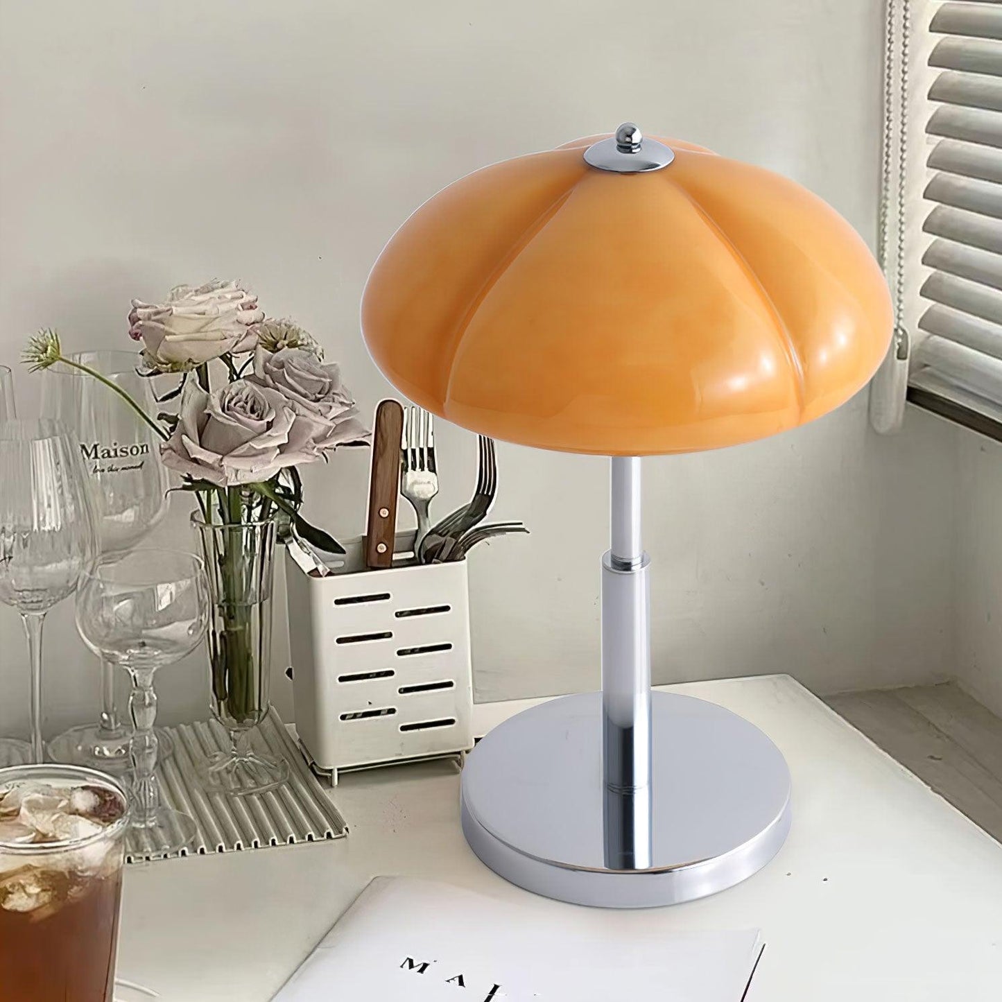 Mushroom Bauhaus Table Lamp Amber Glass Chrome LED Indoor Lighting