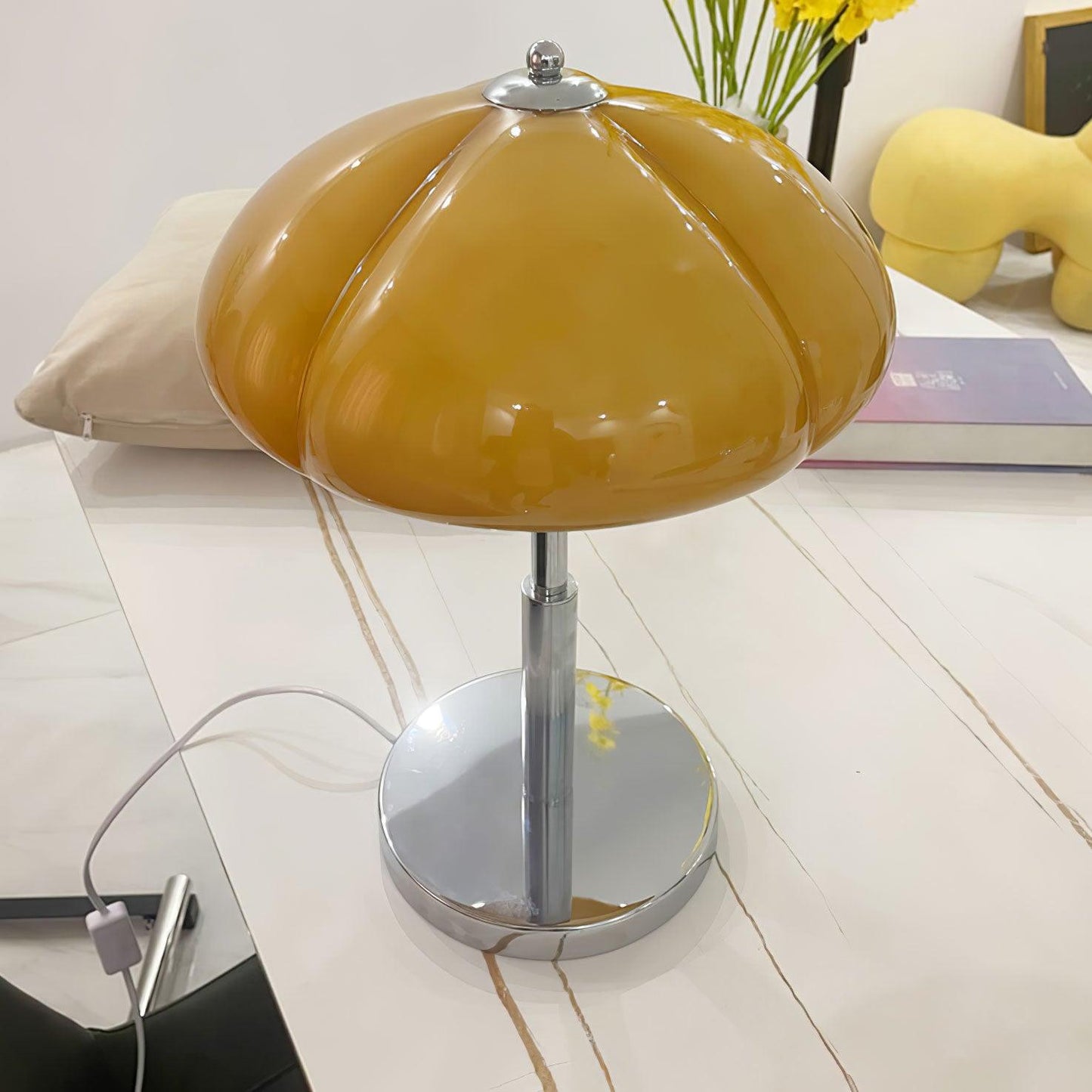 Mushroom Bauhaus Table Lamp Amber Glass Chrome LED Indoor Lighting