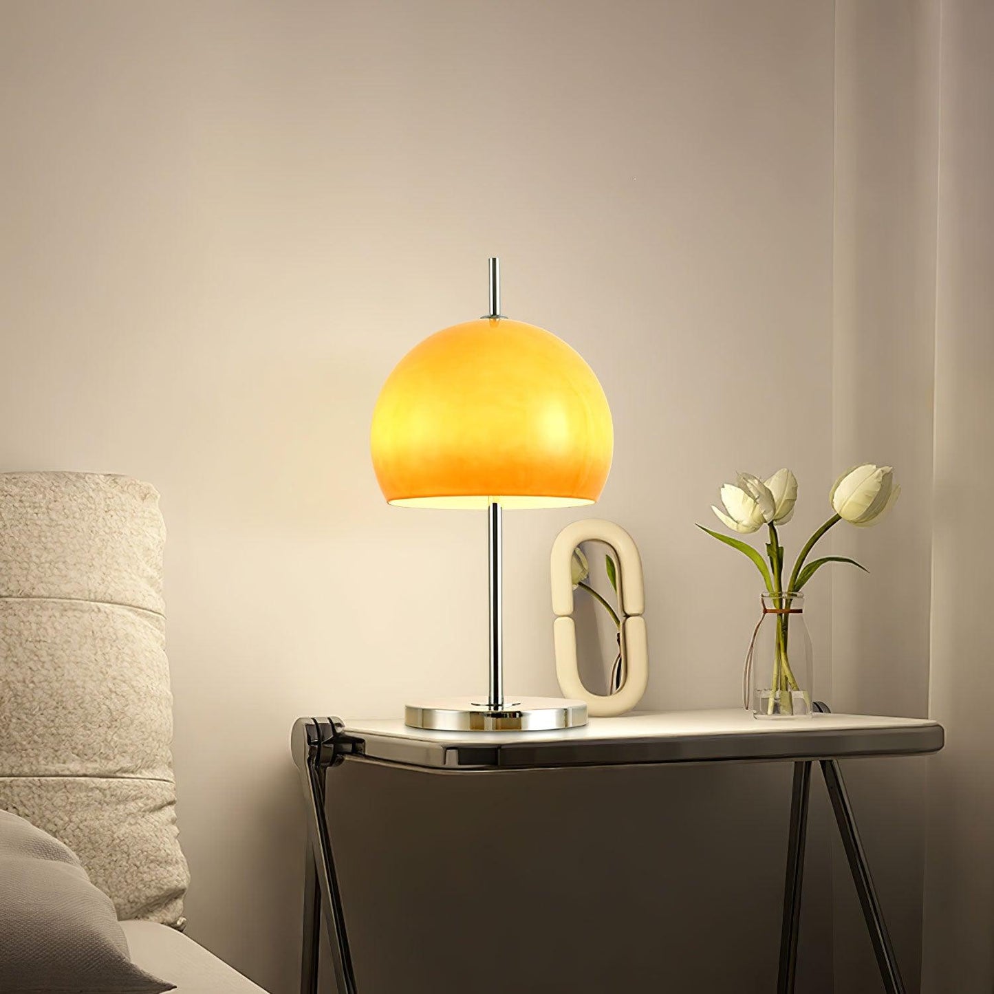 Mushroom Bauhaus Table Lamp Amber Glass Chrome LED Indoor Lighting