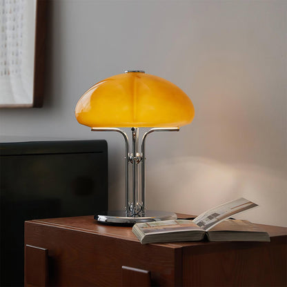 Mushroom Bauhaus Table Lamp Amber Glass Chrome LED Indoor Lighting