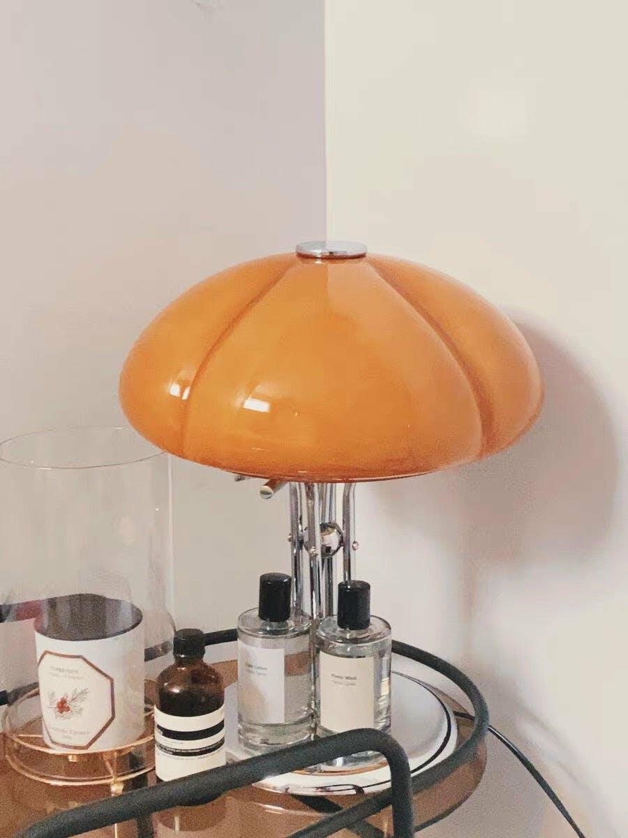 Mushroom Bauhaus Table Lamp Amber Glass Chrome LED Indoor Lighting