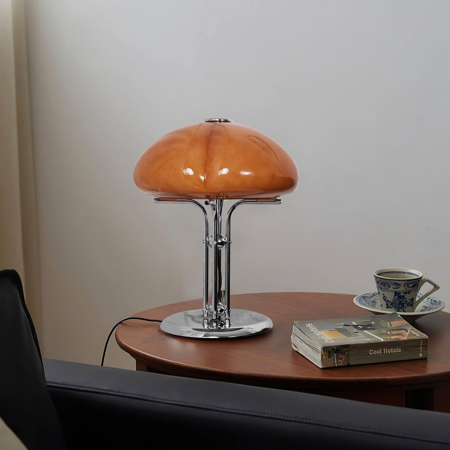 Mushroom Bauhaus Table Lamp Amber Glass Chrome LED Indoor Lighting