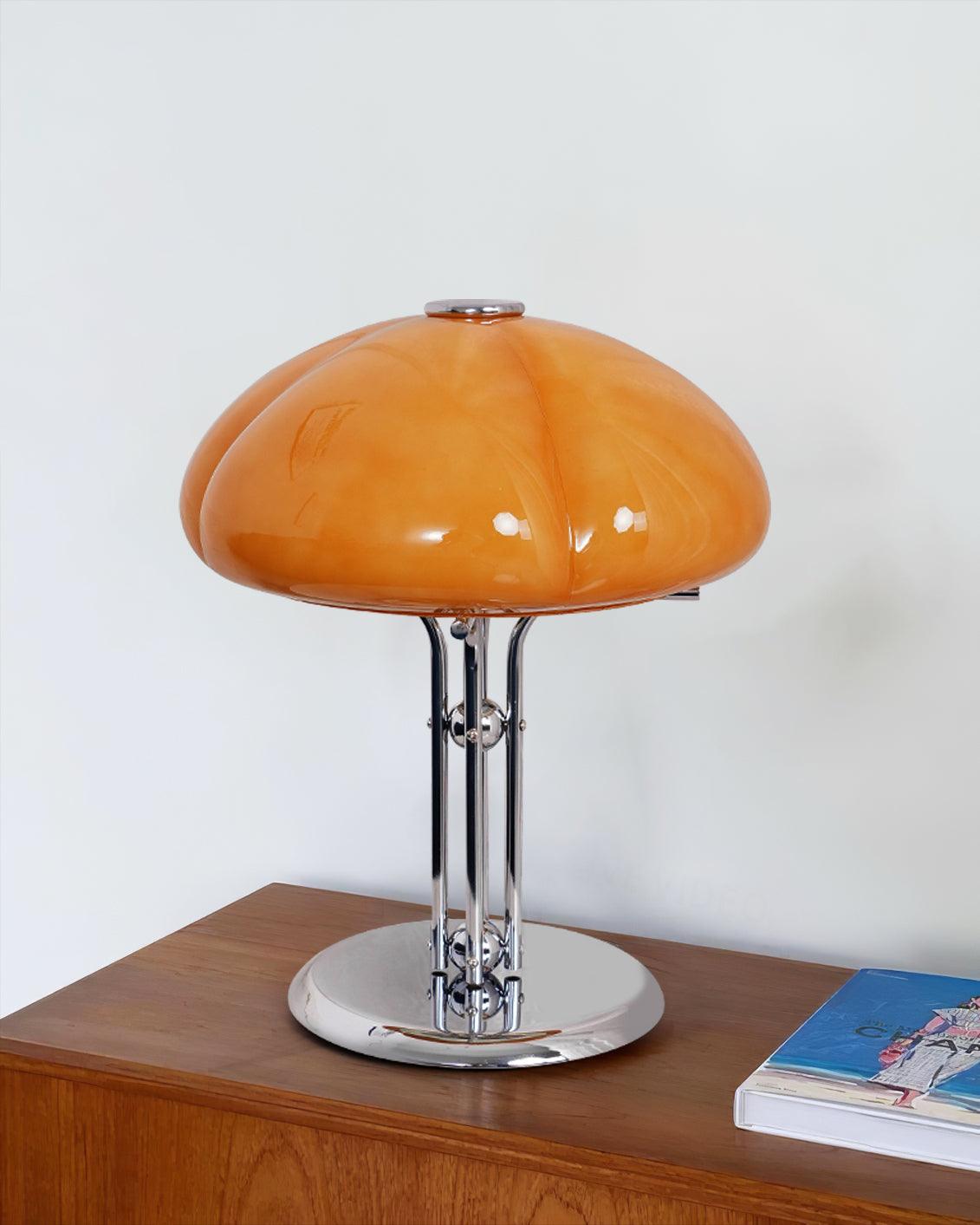 Mushroom Bauhaus Table Lamp Amber Glass Chrome LED Indoor Lighting