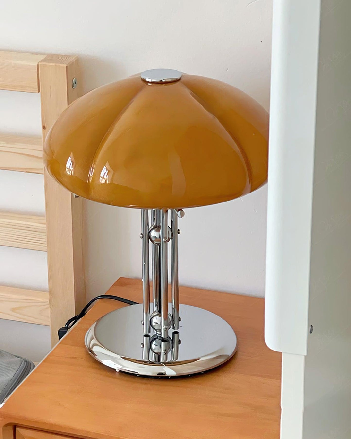 Mushroom Bauhaus Table Lamp Amber Glass Chrome LED Indoor Lighting