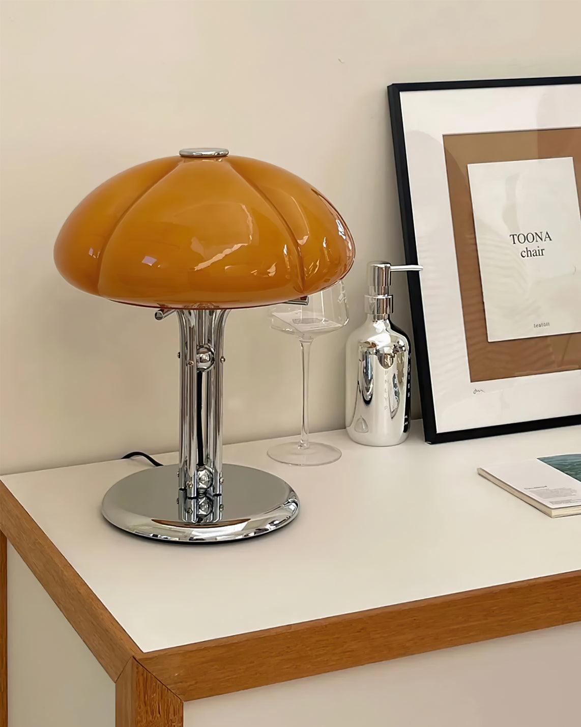 Mushroom Bauhaus Table Lamp Amber Glass Chrome LED Indoor Lighting