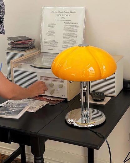 Mushroom Bauhaus Table Lamp Amber Glass Chrome LED Indoor Lighting