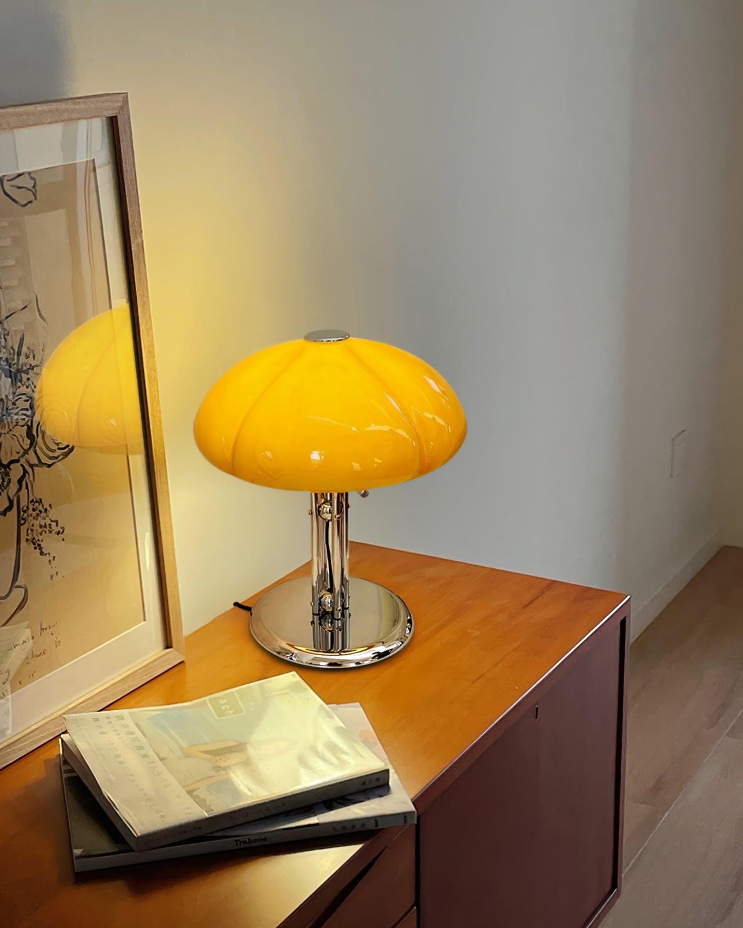 Mushroom Bauhaus Table Lamp Amber Glass Chrome LED Indoor Lighting