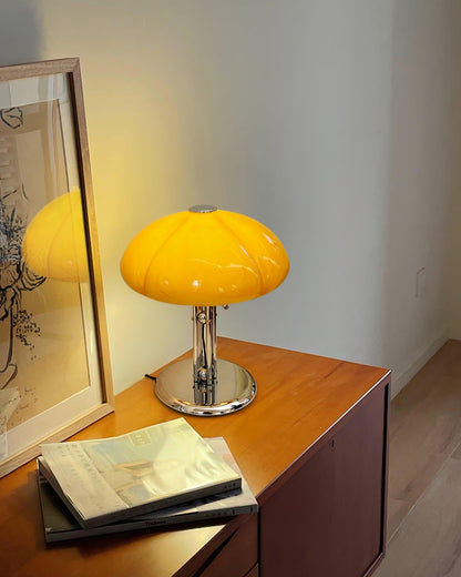 Mushroom Bauhaus Table Lamp Amber Glass Chrome LED Indoor Lighting