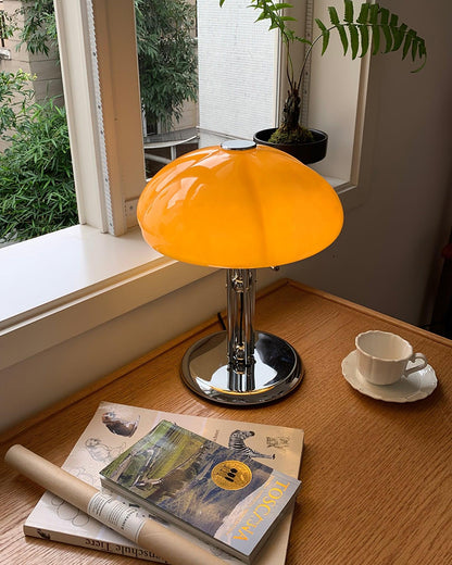 Mushroom Bauhaus Table Lamp Amber Glass Chrome LED Indoor Lighting