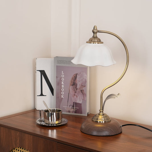 Vintage Laiton Table Lamp White Ceramic Gold Walnut LED Desk Lighting