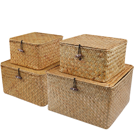Wicker Storage Baskets Set of 4 with Lids - Decorative Organizers for Shelves