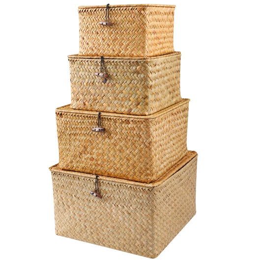 Wicker Storage Baskets Set of 4 with Lids - Decorative Organizers for Shelves