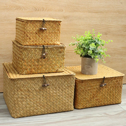 Wicker Storage Baskets Set of 4 with Lids - Decorative Organizers for Shelves